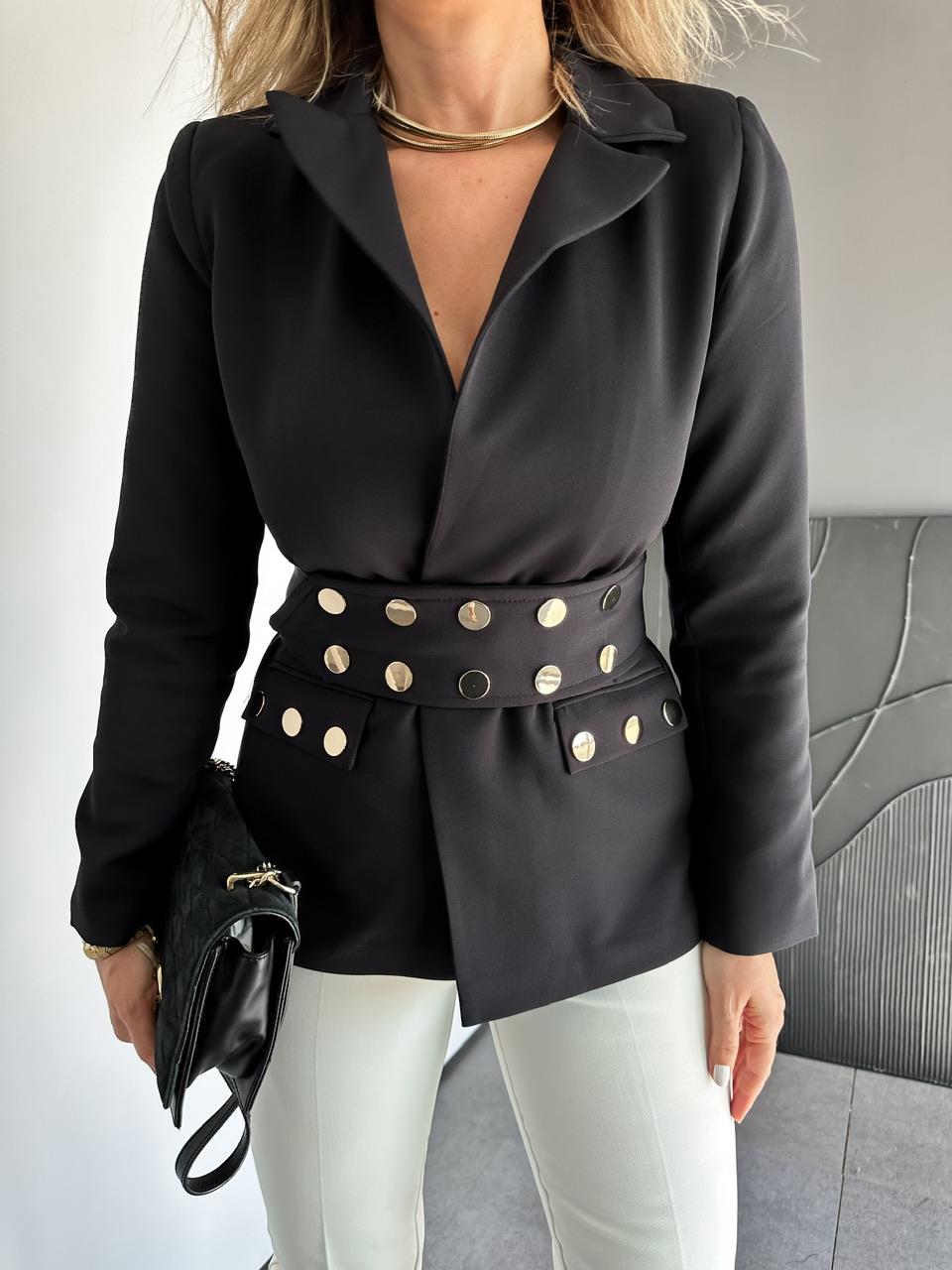 Siyah Çıtçıt Detaylı Kuşaklı Blazer Ceket