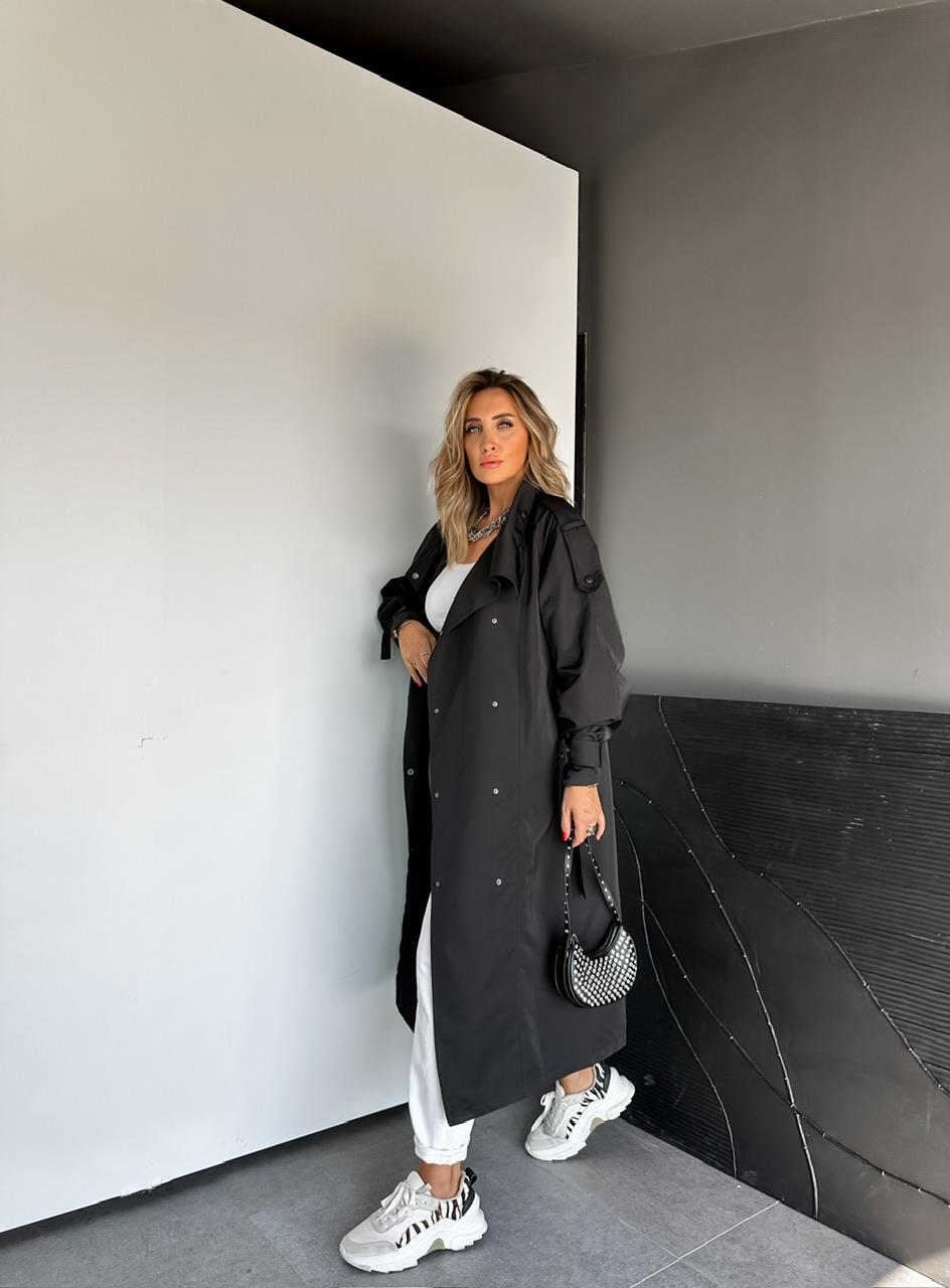 Siyah Çıtçıtlı Manşetli Oversize Trençkot