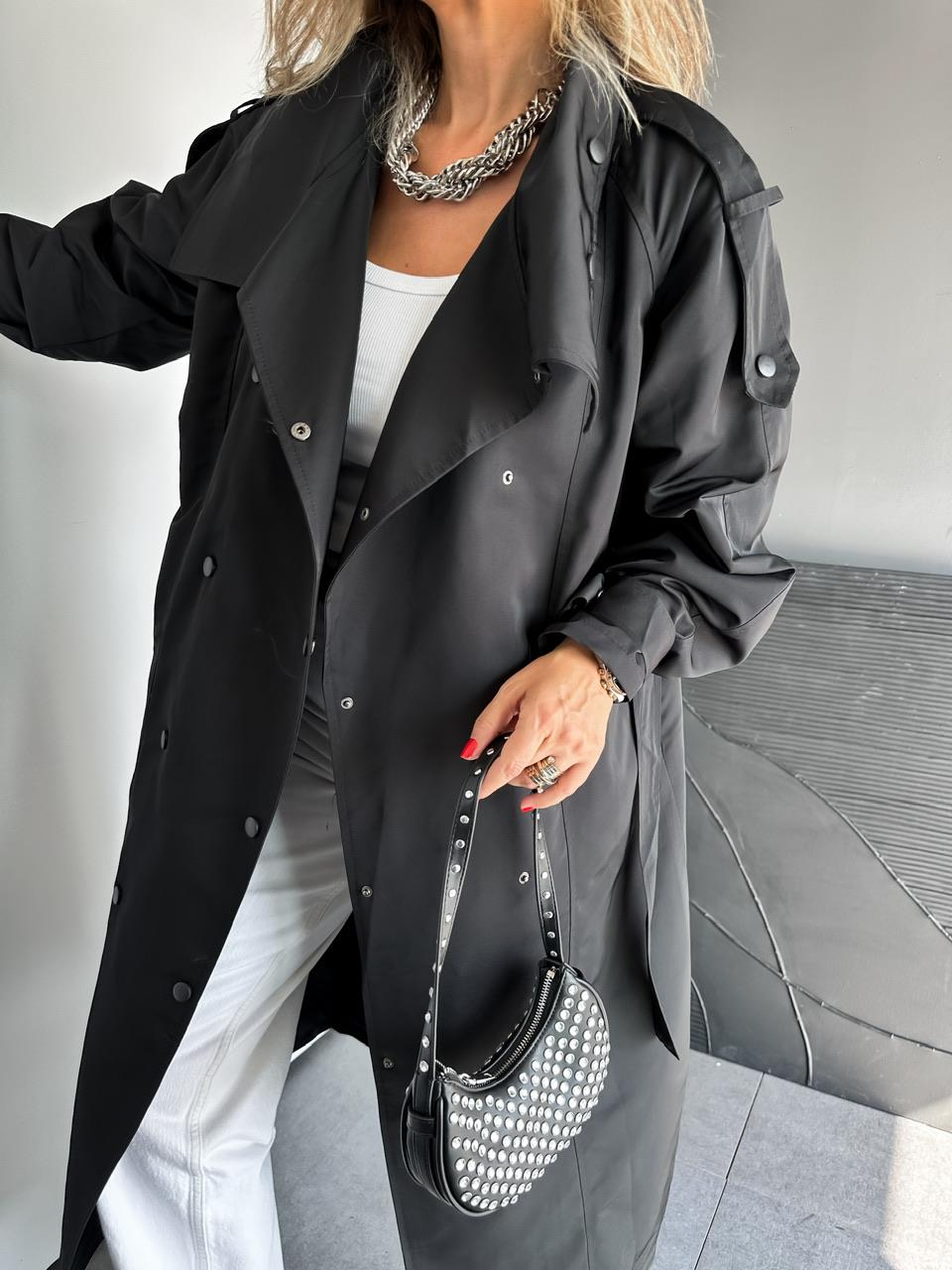 Siyah Çıtçıtlı Manşetli Oversize Trençkot
