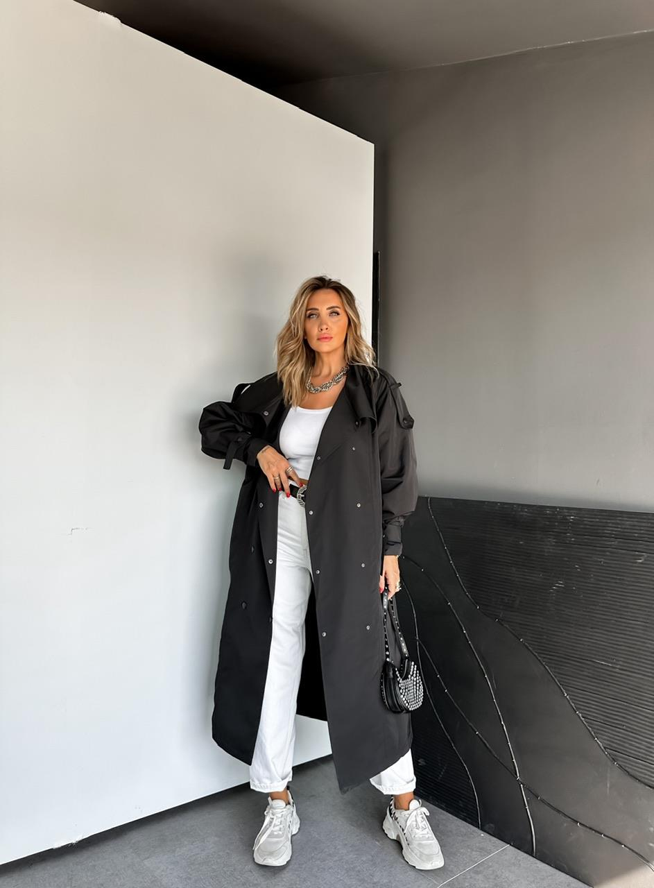 Siyah Çıtçıtlı Manşetli Oversize Trençkot