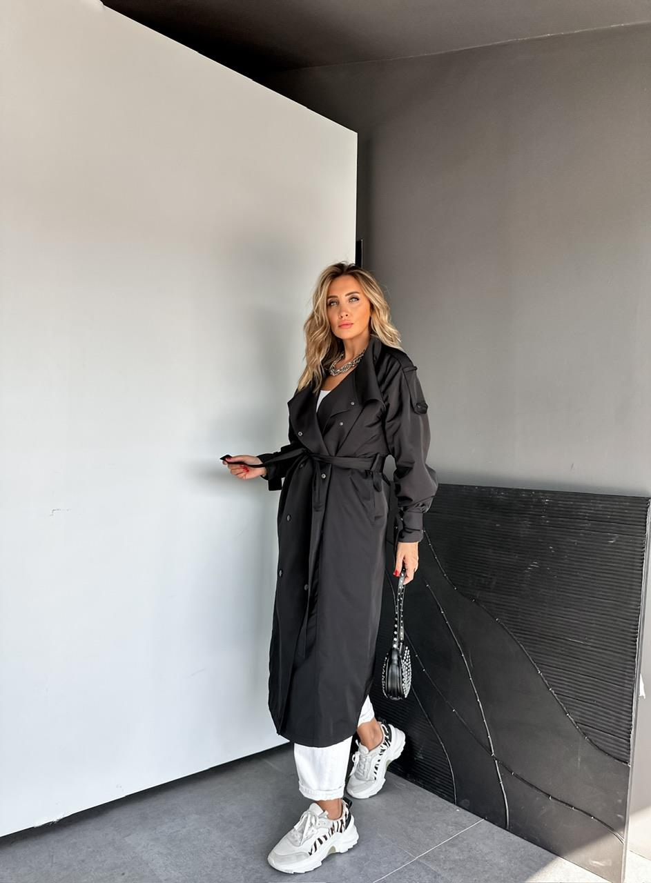 Siyah Çıtçıtlı Manşetli Oversize Trençkot