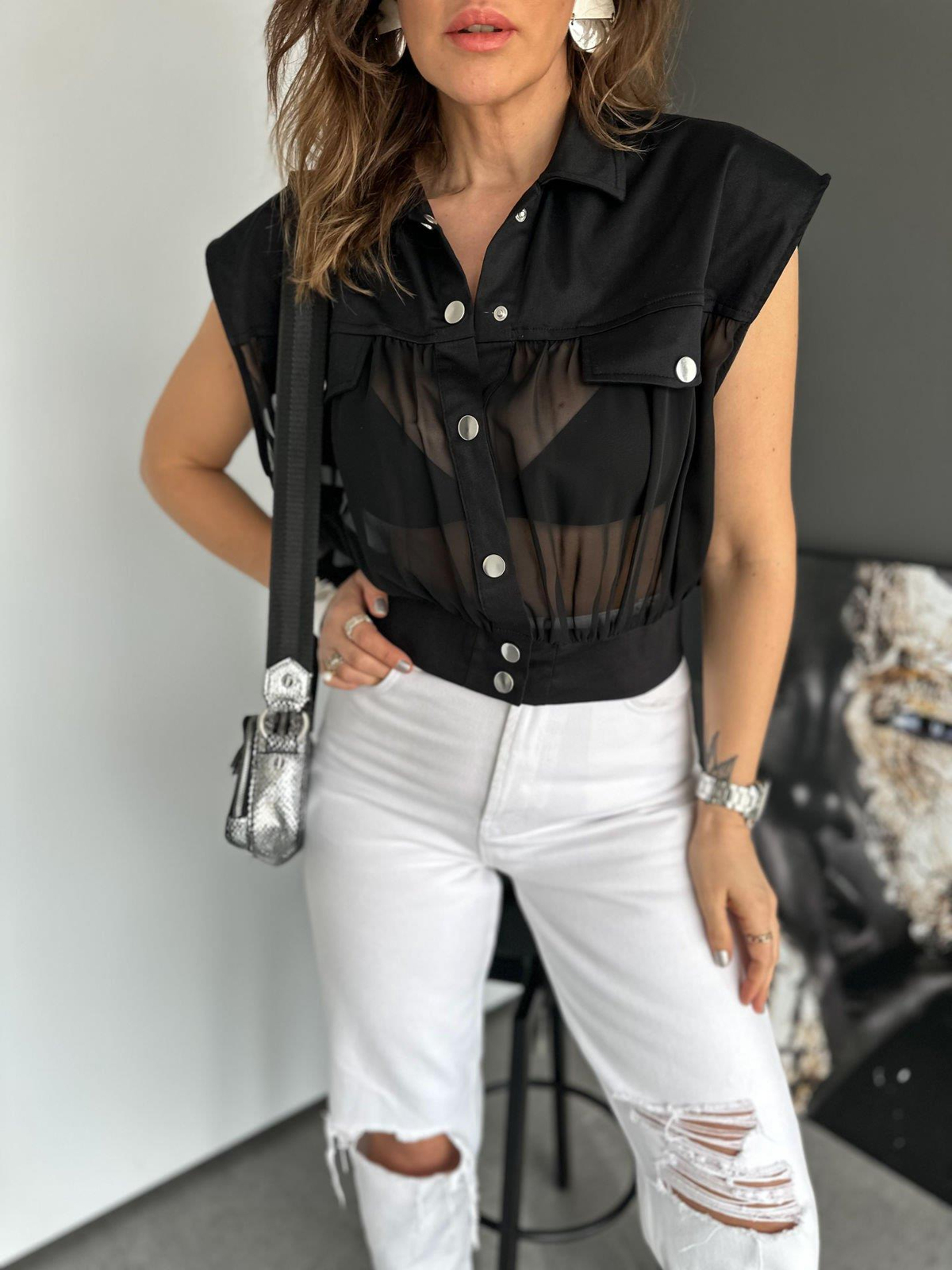 Siyah Çıtçıtlı Tül Kısa Ceket