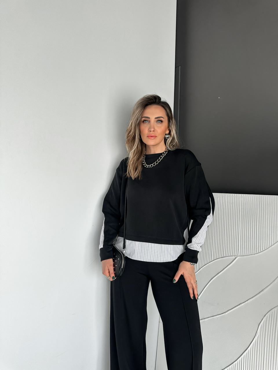 Siyah Çizgili Gömlek Parçalı Tasarım Swaetshirt