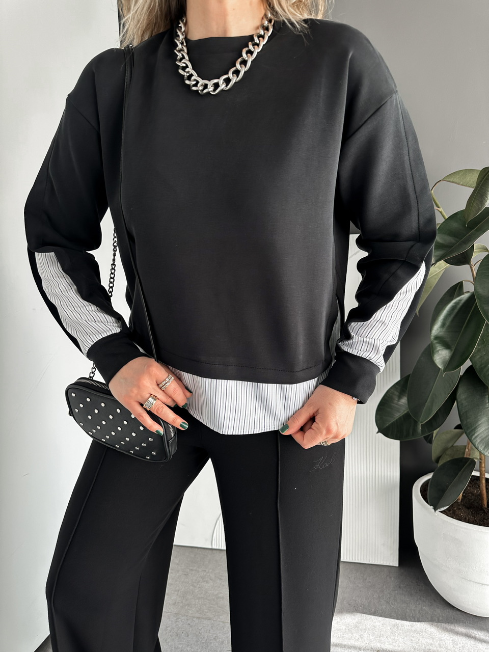 Siyah Çizgili Gömlek Parçalı Tasarım Swaetshirt