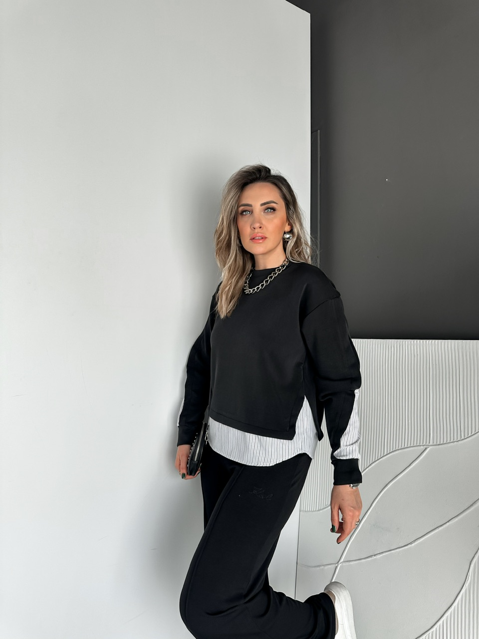 Siyah Çizgili Gömlek Parçalı Tasarım Swaetshirt