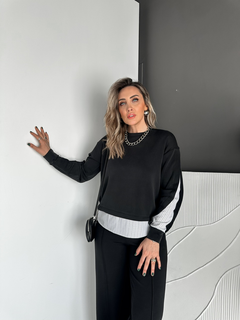 Siyah Çizgili Gömlek Parçalı Tasarım Swaetshirt