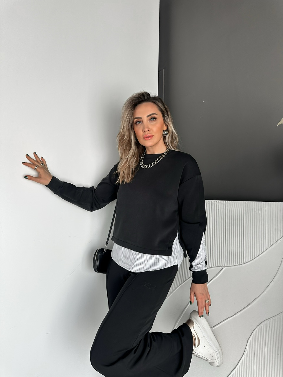 Siyah Çizgili Gömlek Parçalı Tasarım Swaetshirt