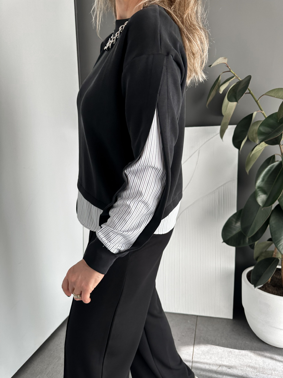 Siyah Çizgili Gömlek Parçalı Tasarım Swaetshirt