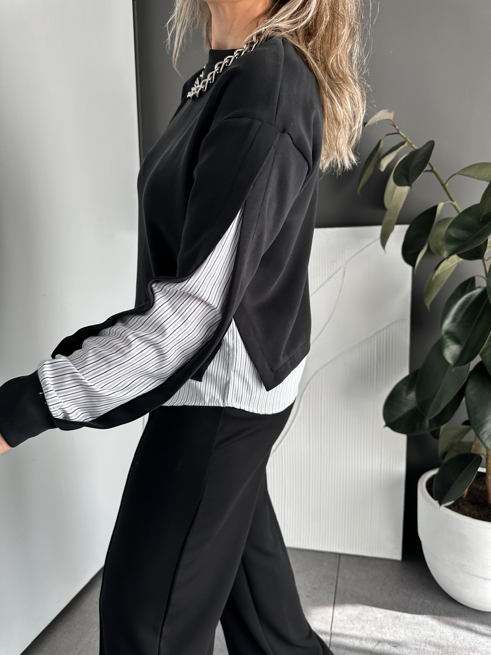 Siyah Çizgili Gömlek Parçalı Tasarım Swaetshirt