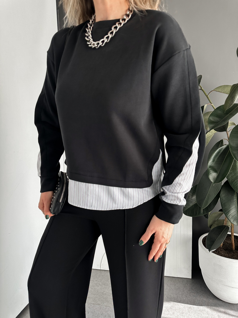 Siyah Çizgili Gömlek Parçalı Tasarım Swaetshirt