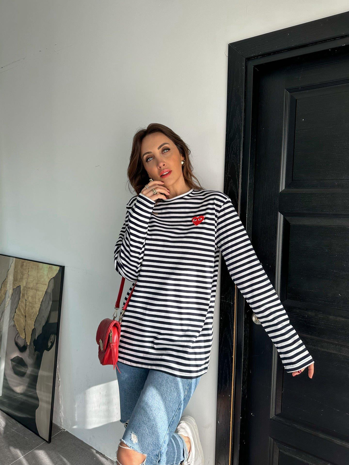 Siyah Çizgili Kalpli Uzun Kollu Tshirt