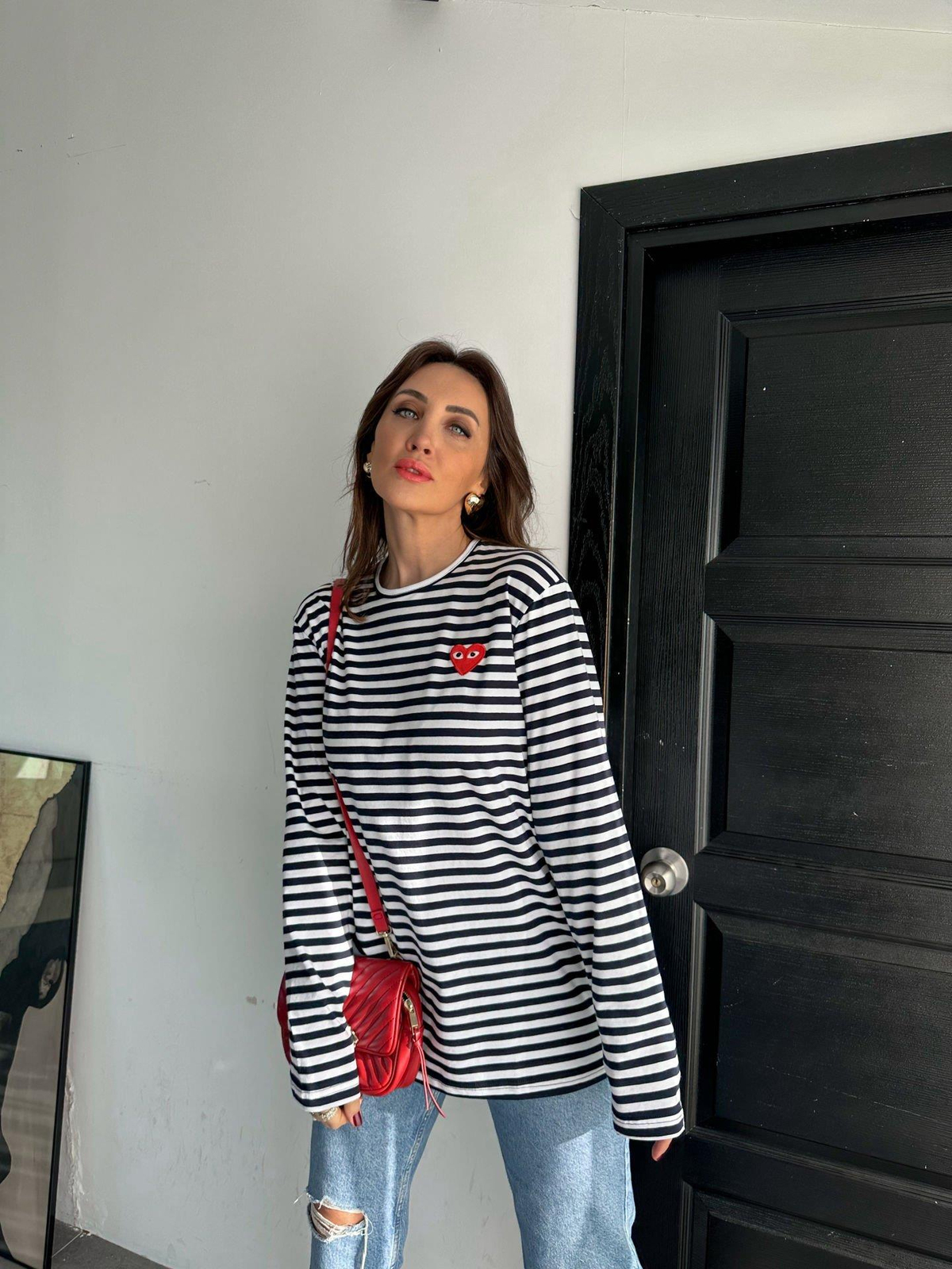 Siyah Çizgili Kalpli Uzun Kollu Tshirt