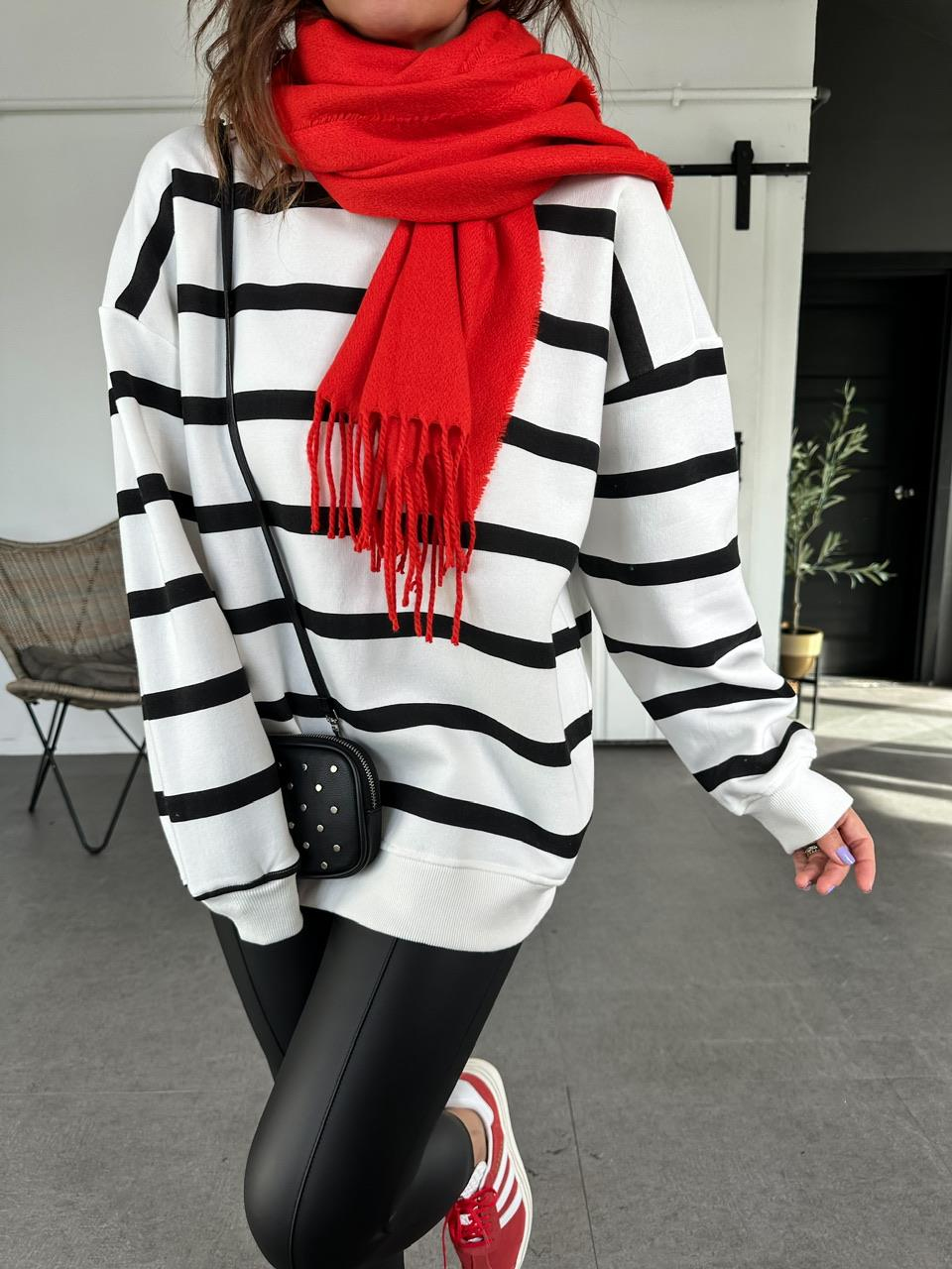 Siyah Çizgili Oversize Sweatshirt