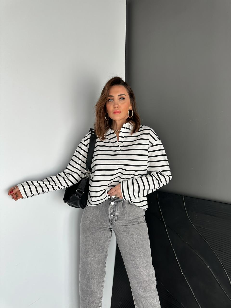 Siyah Çizgili Polo Yaka Sweatshirt