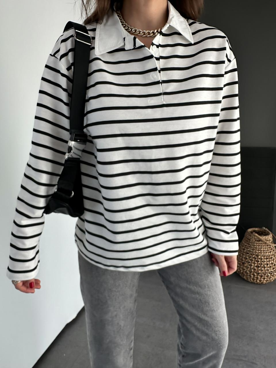 Siyah Çizgili Polo Yaka Sweatshirt