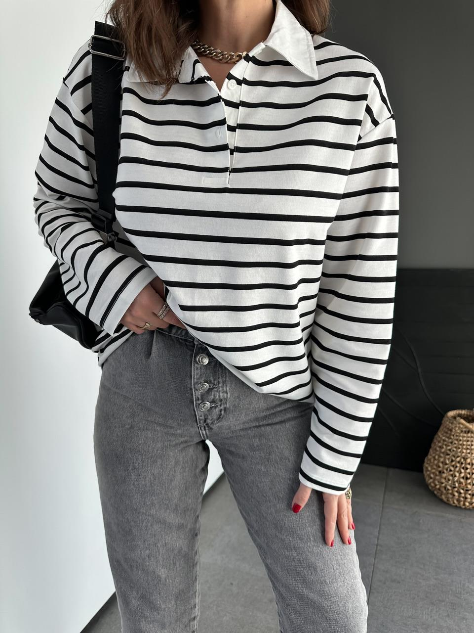 Siyah Çizgili Polo Yaka Sweatshirt
