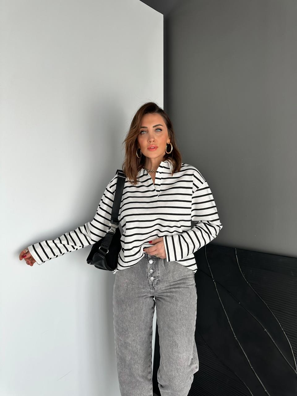 Siyah Çizgili Polo Yaka Sweatshirt