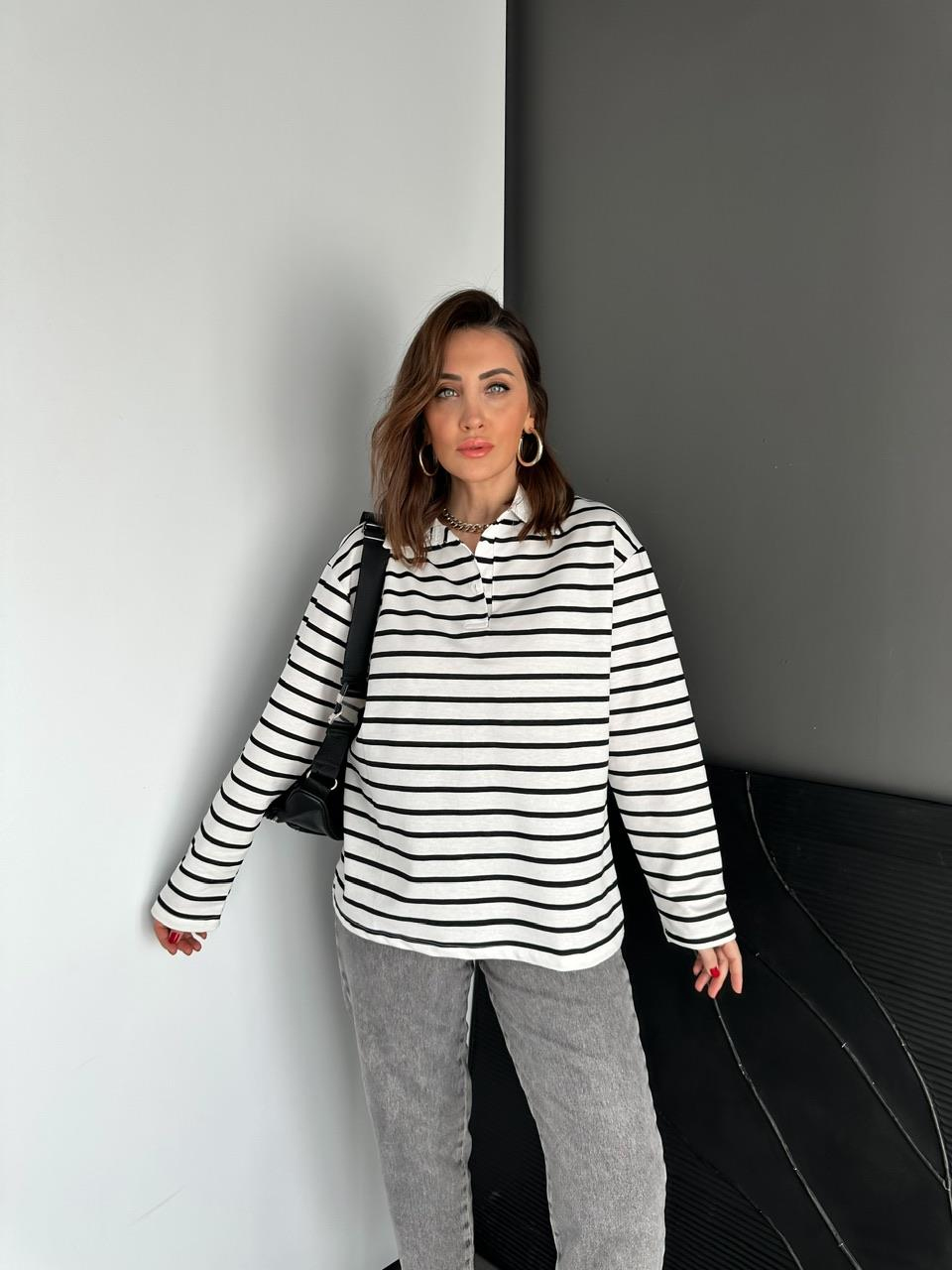 Siyah Çizgili Polo Yaka Sweatshirt