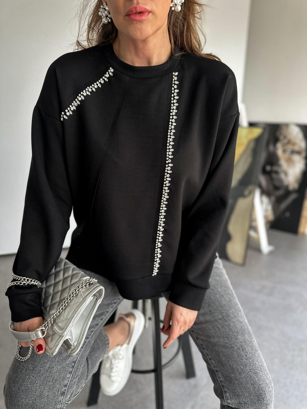 Siyah Damla Taş İşlemeli Sweatshirt
