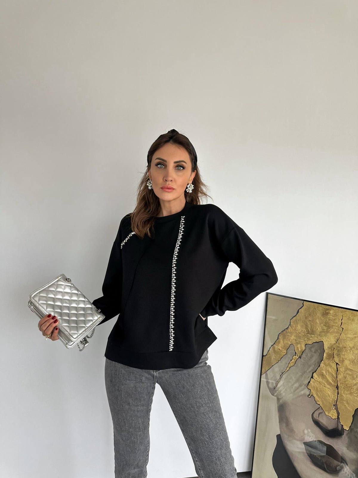 Siyah Damla Taş İşlemeli Sweatshirt