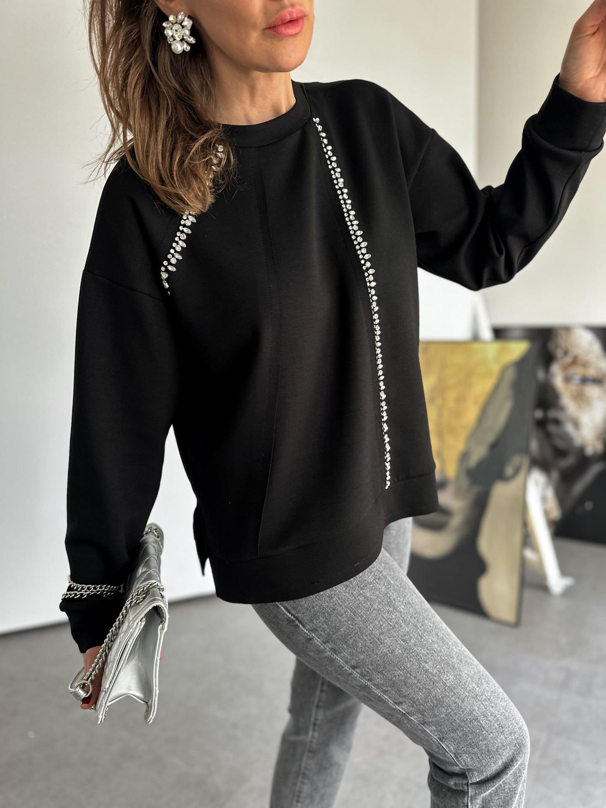 Siyah Damla Taş İşlemeli Sweatshirt