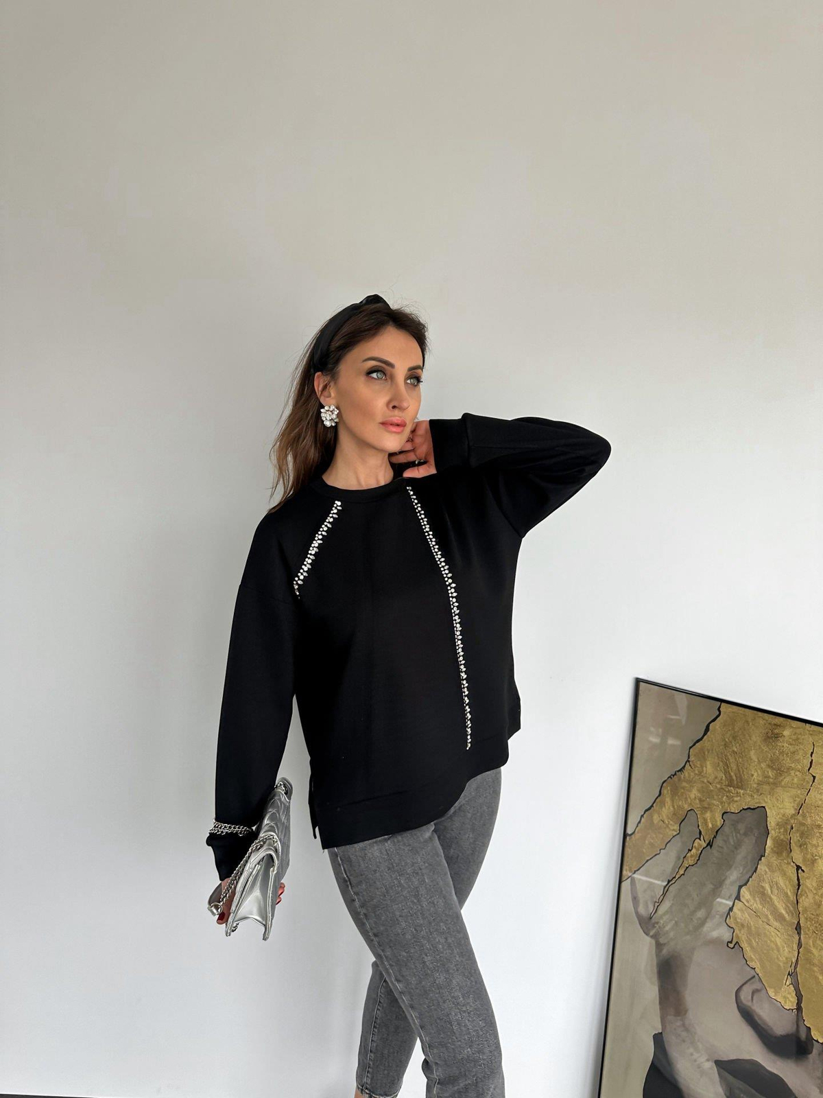 Siyah Damla Taş İşlemeli Sweatshirt