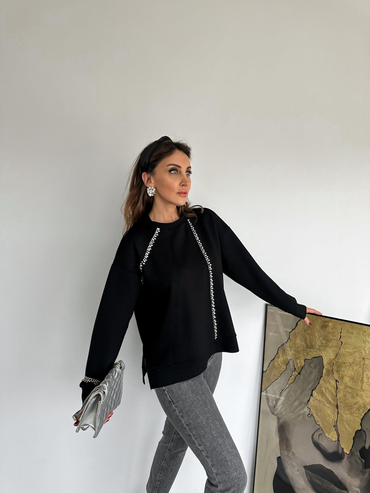 Siyah Damla Taş İşlemeli Sweatshirt