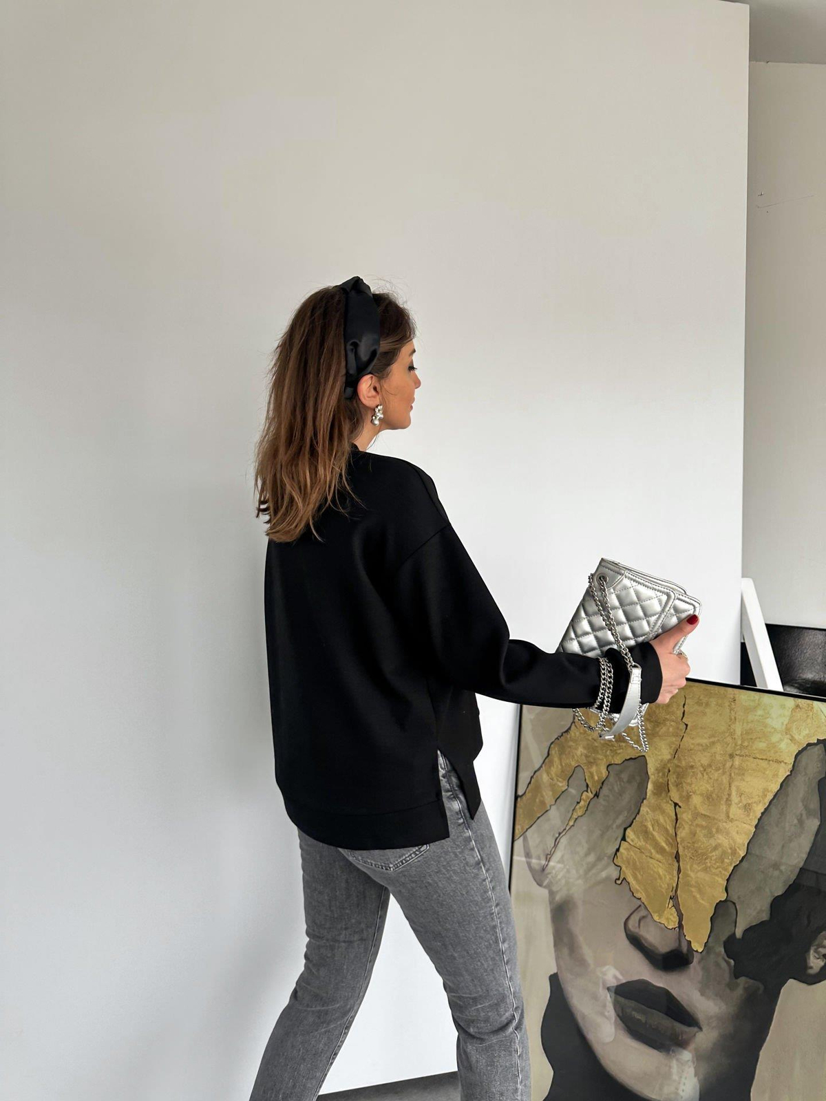 Siyah Damla Taş İşlemeli Sweatshirt