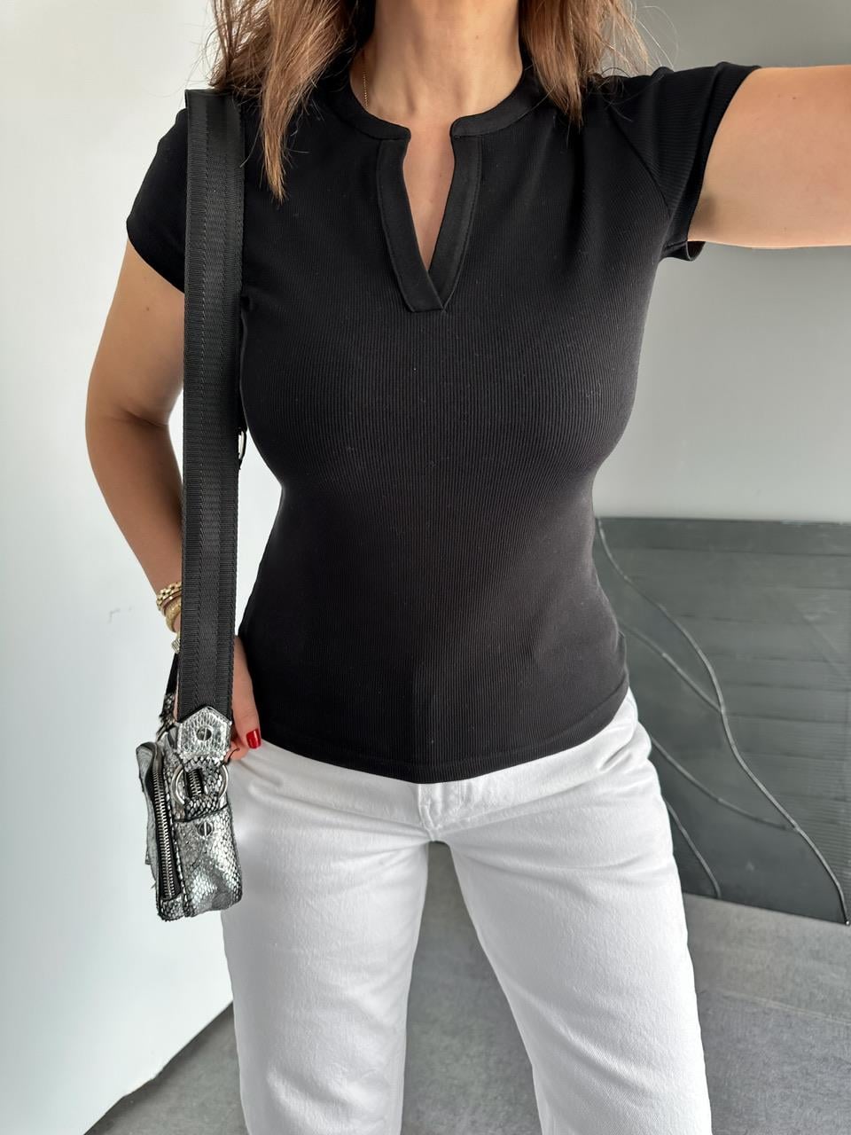 Siyah Damla Yaka Cotton Tshirt