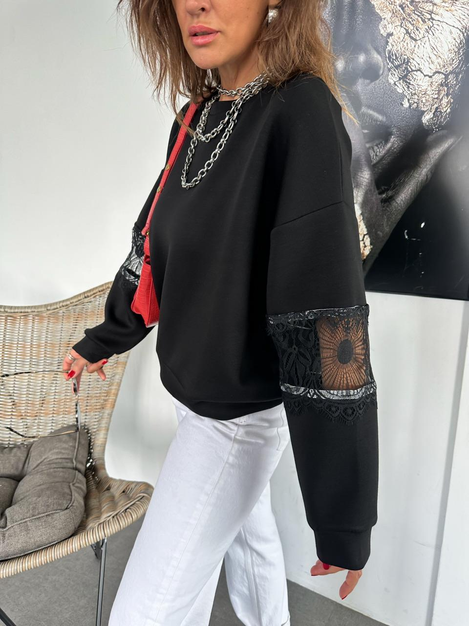 Siyah Dantel Detaylı Sweatshirt