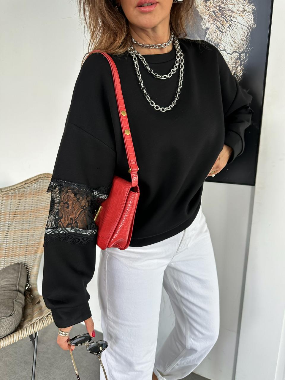 Siyah Dantel Detaylı Sweatshirt