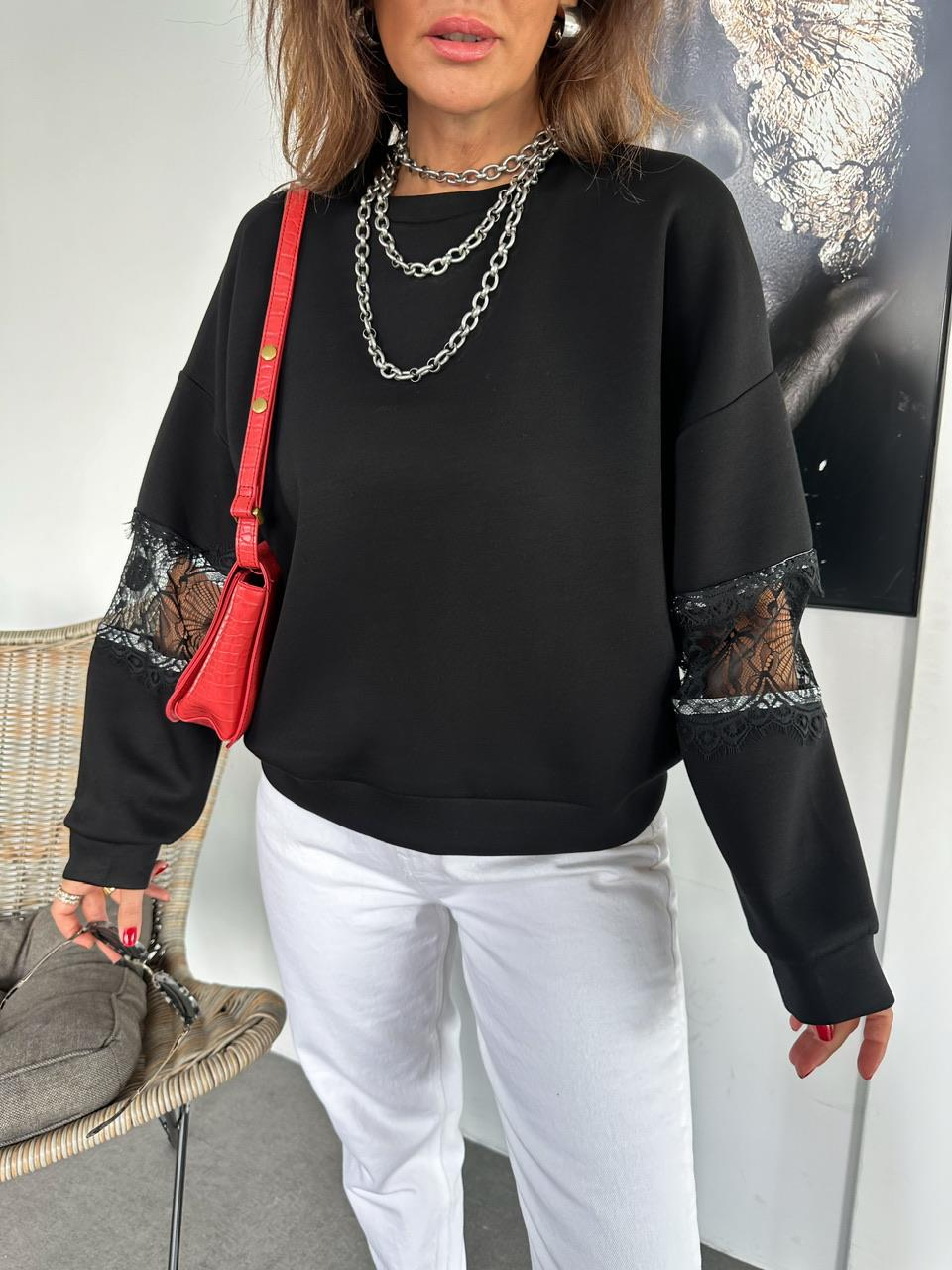 Siyah Dantel Detaylı Sweatshirt