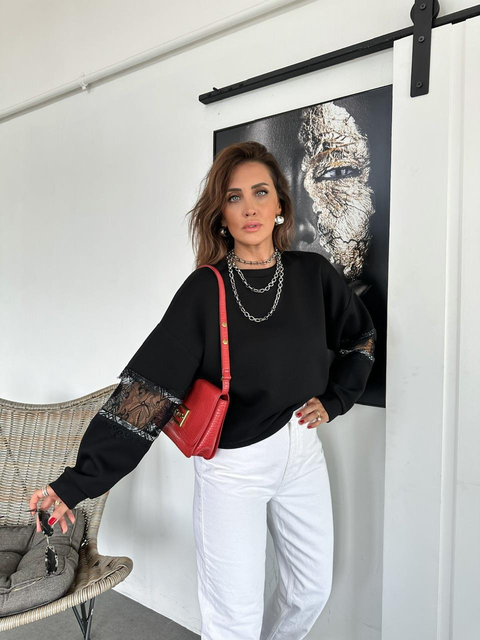 Siyah Dantel Detaylı Sweatshirt
