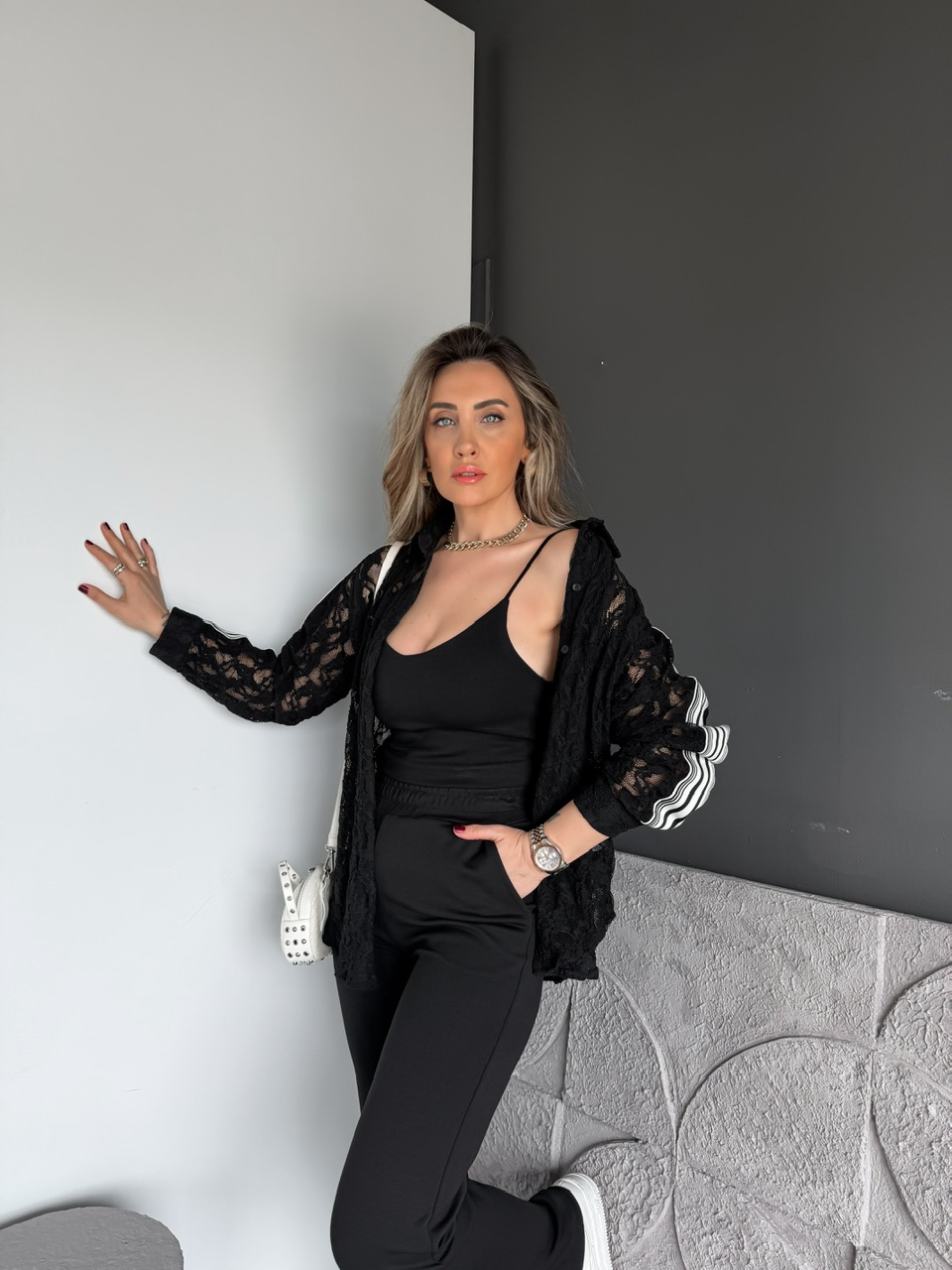 Siyah Dantel Gömlekli 3'Lü Takım