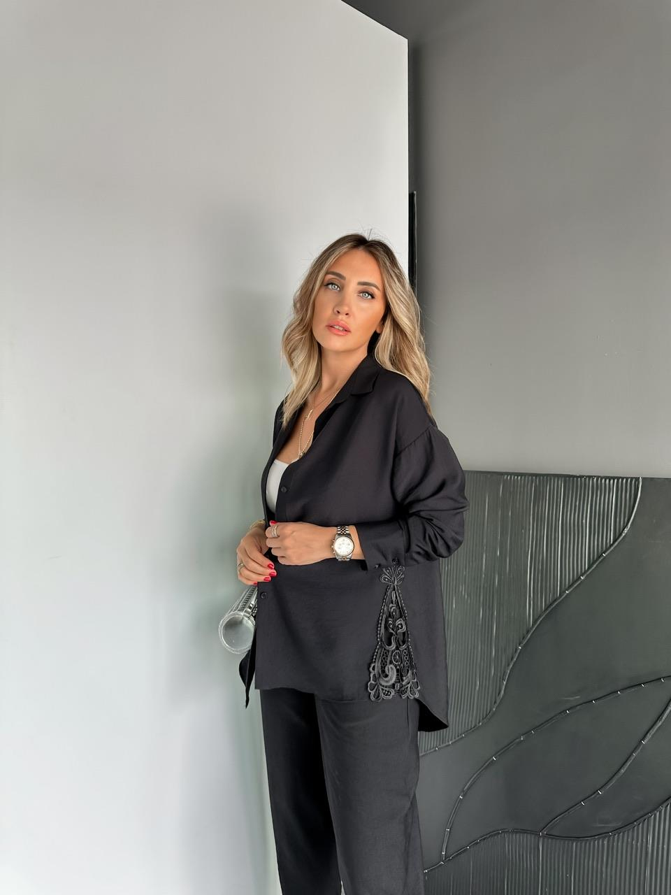 Siyah Dantelli Gömlek Pantolon Takım