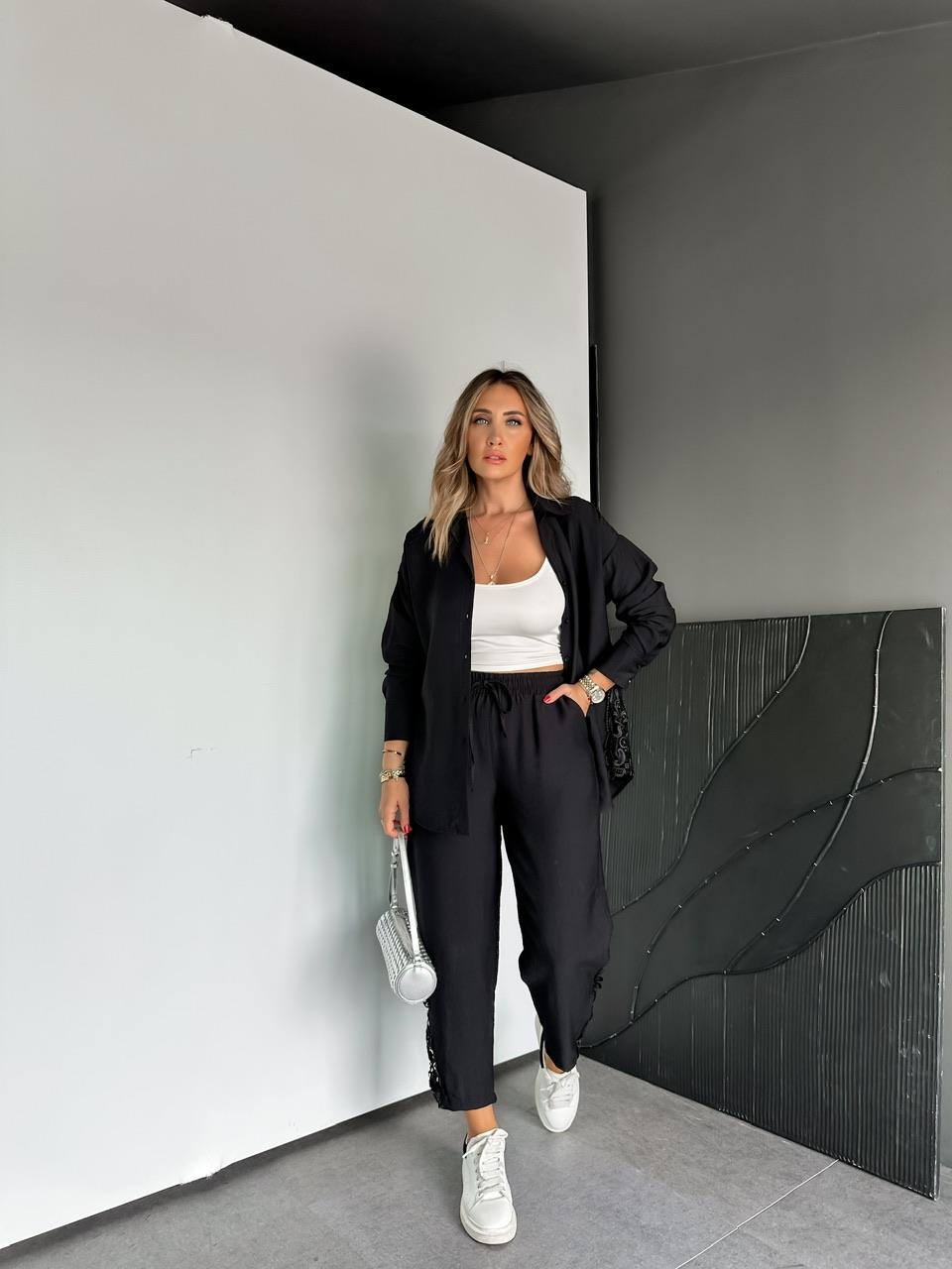 Siyah Dantelli Gömlek Pantolon Takım