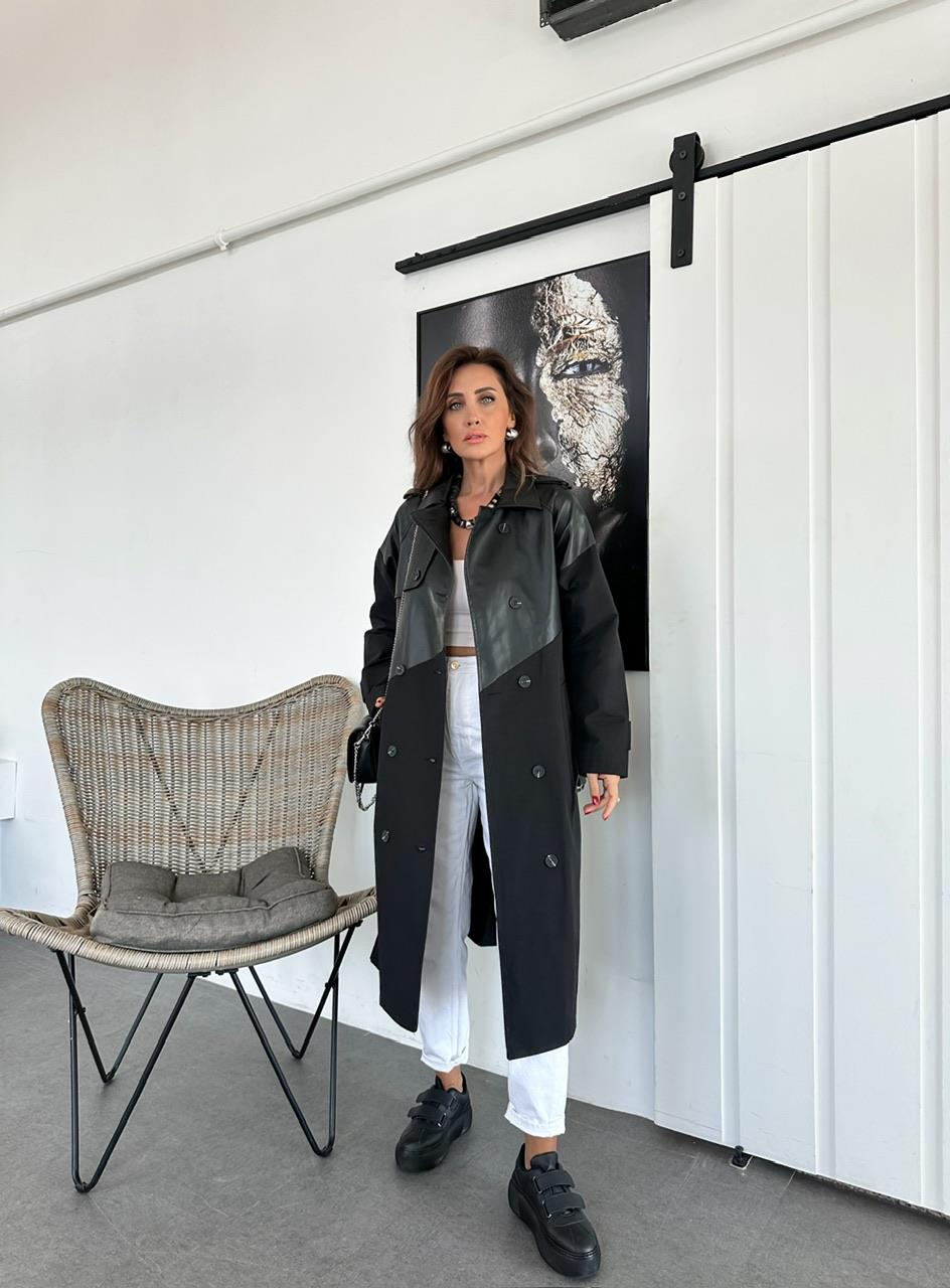 Siyah Deri Parçalı Premium Trençkot