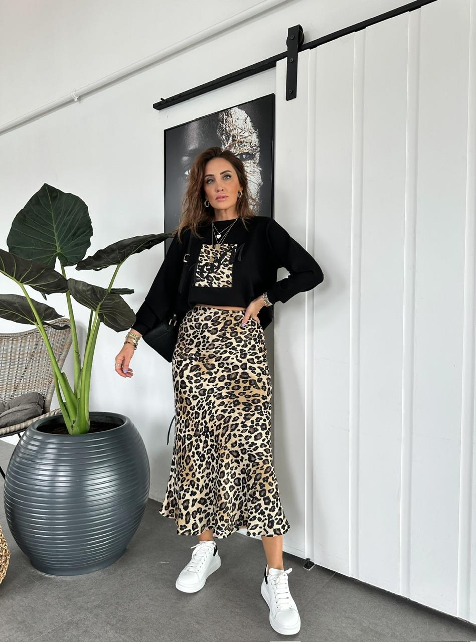 Siyah Desenli Leopar Etek
