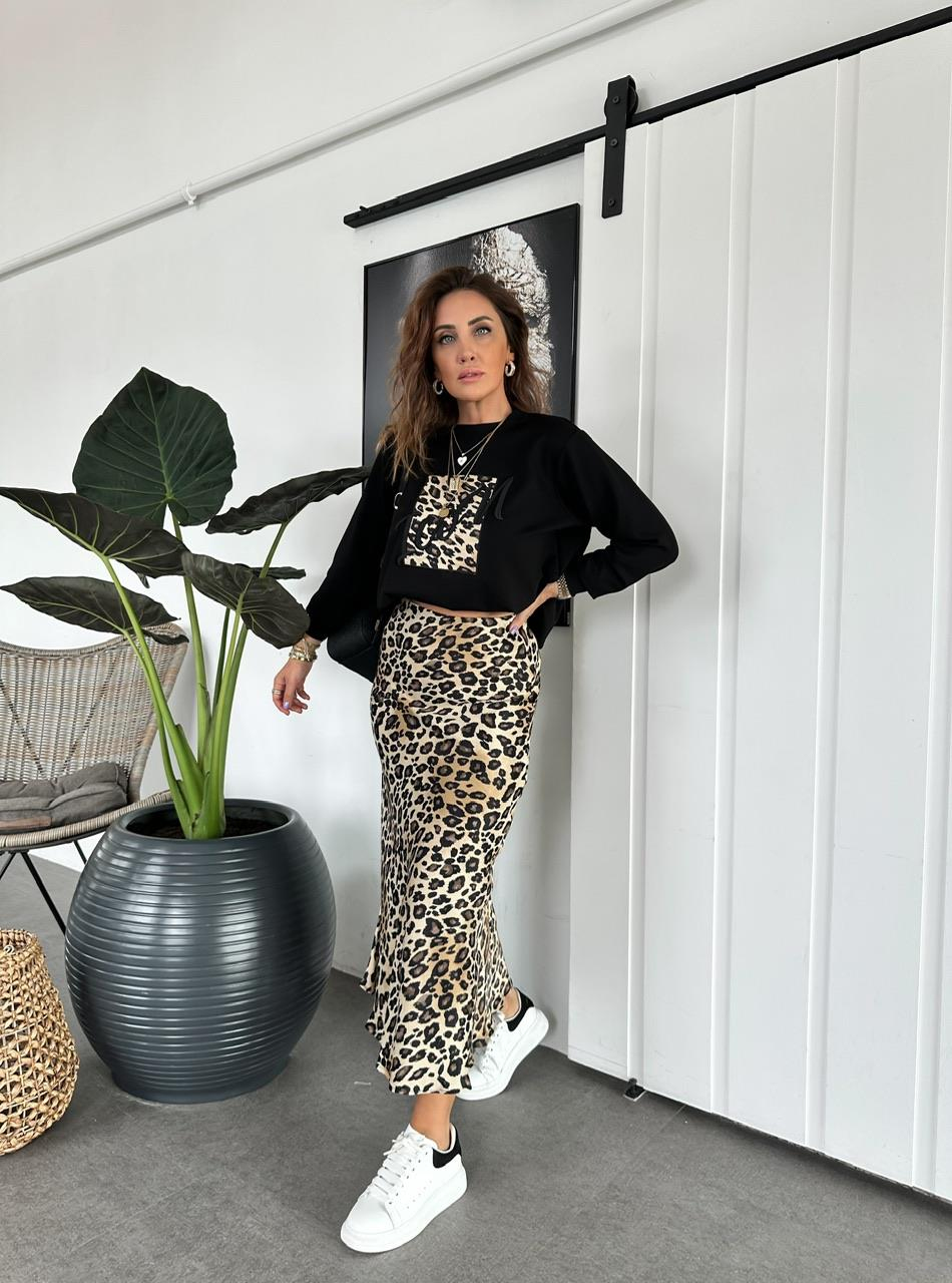 Siyah Desenli Leopar Etek