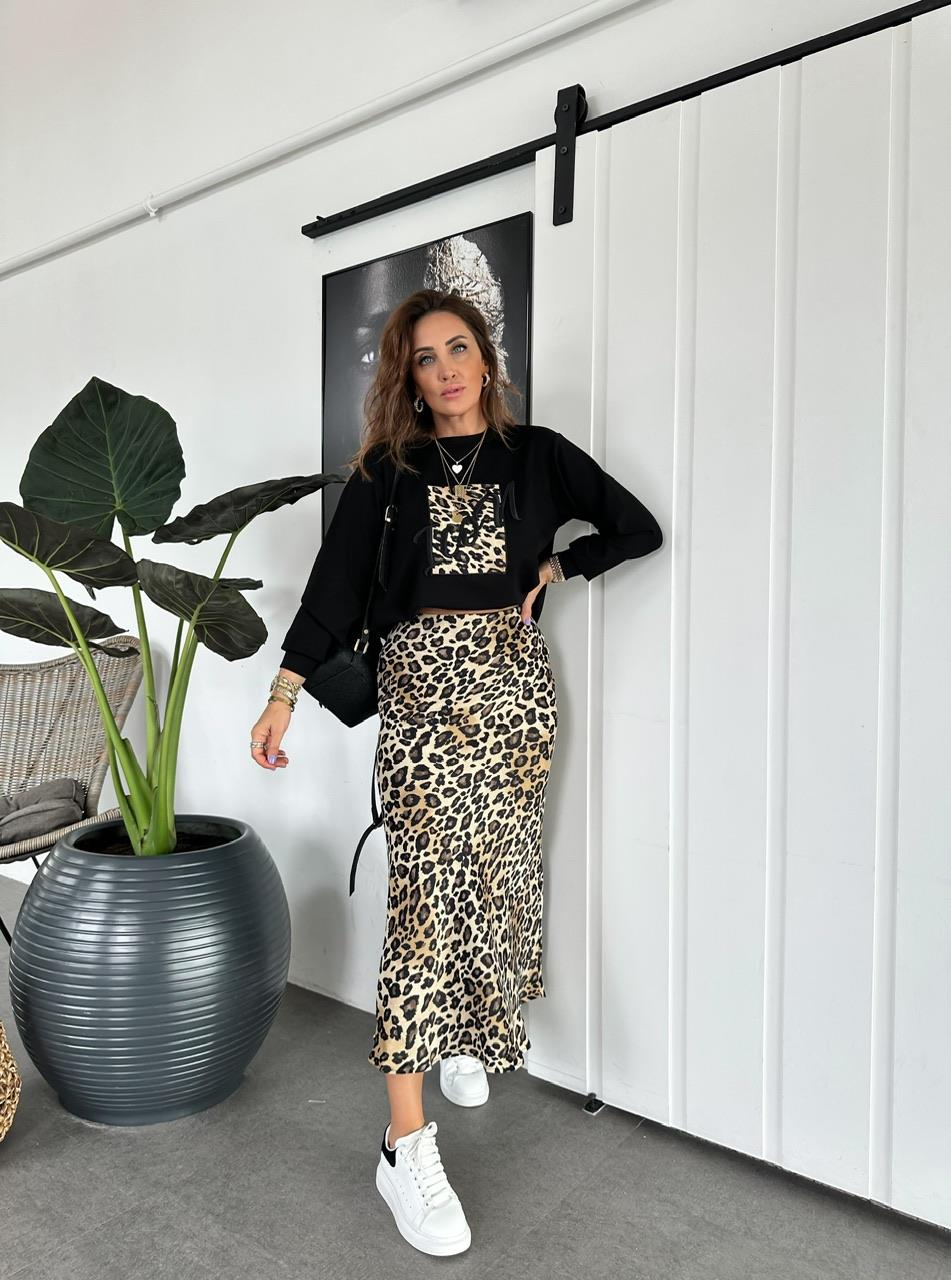 Siyah Desenli Leopar Etek