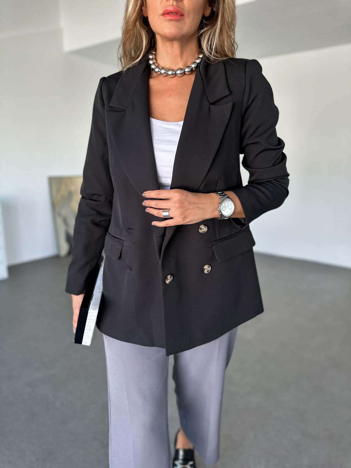 Siyah Dört Düğme Blazer Ceket