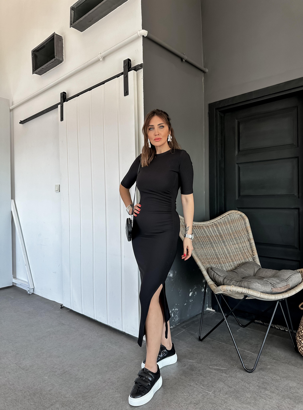 Siyah Drapeli Likralı Fakir Kol Elbise