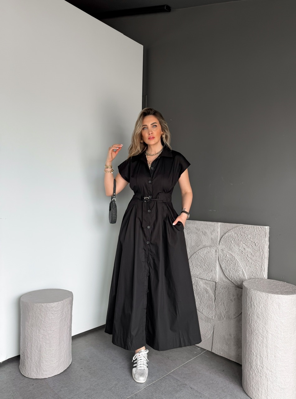 Siyah Düğmeli Beli Kemerli Poplin Elbise