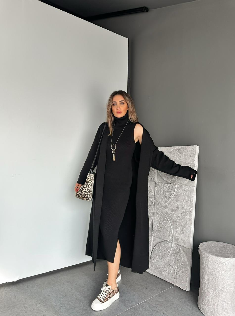 Siyah Elbise Hırka Triko Takım