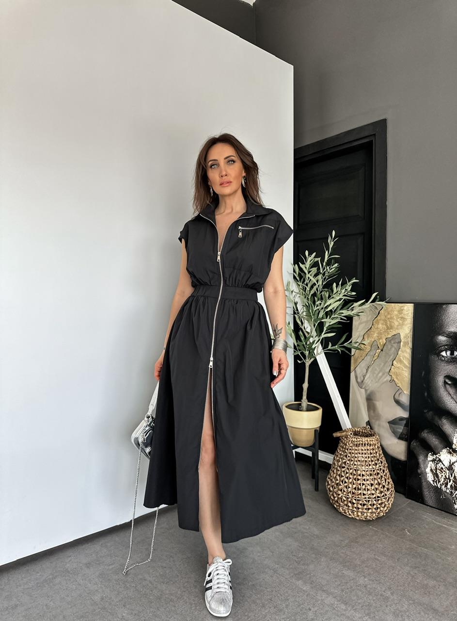 Siyah Fermuarlı Beli Lastikli Elbise