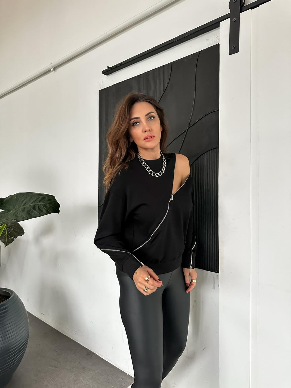 Siyah Fermuarlı Detaylı Tasarım Sweatshirt