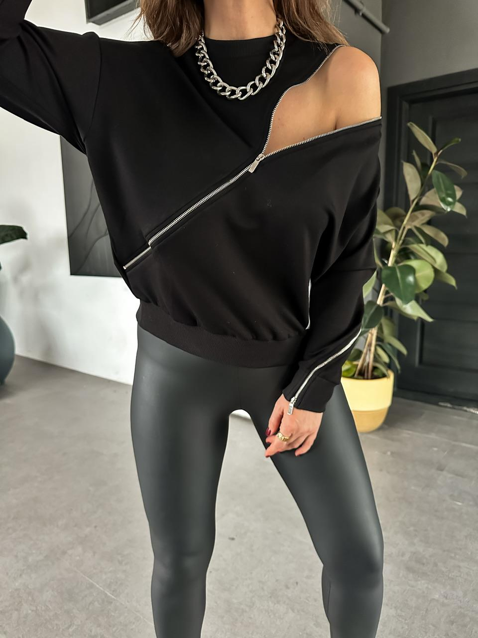 Siyah Fermuarlı Detaylı Tasarım Sweatshirt