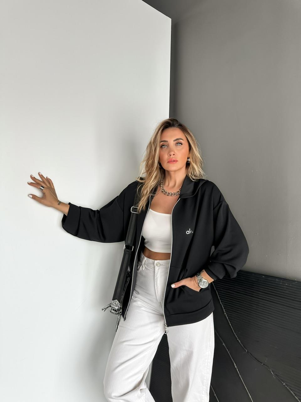Siyah Fermuarlı Kapşonlu Alo Sweatshirt