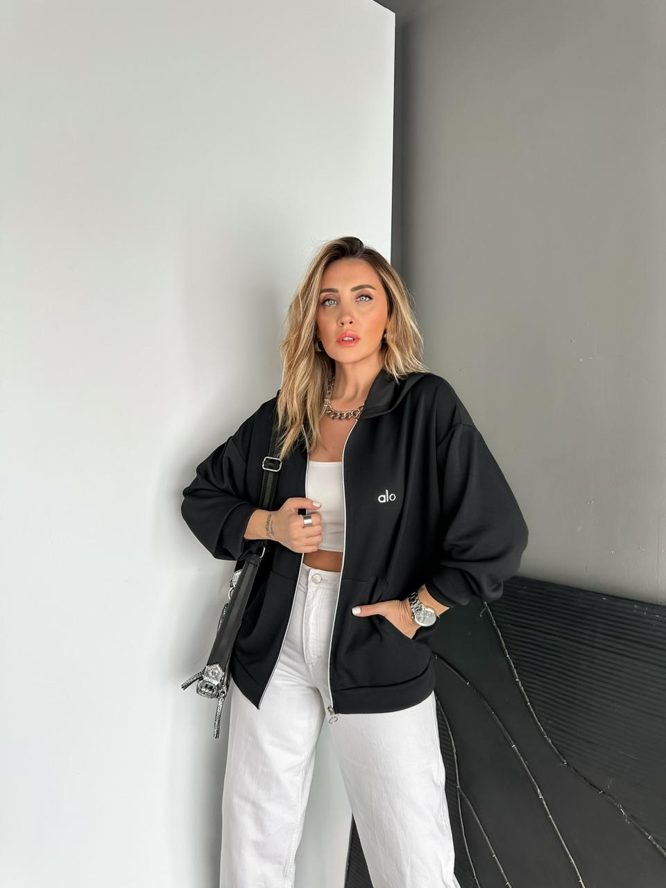 Siyah Fermuarlı Kapşonlu Alo Sweatshirt