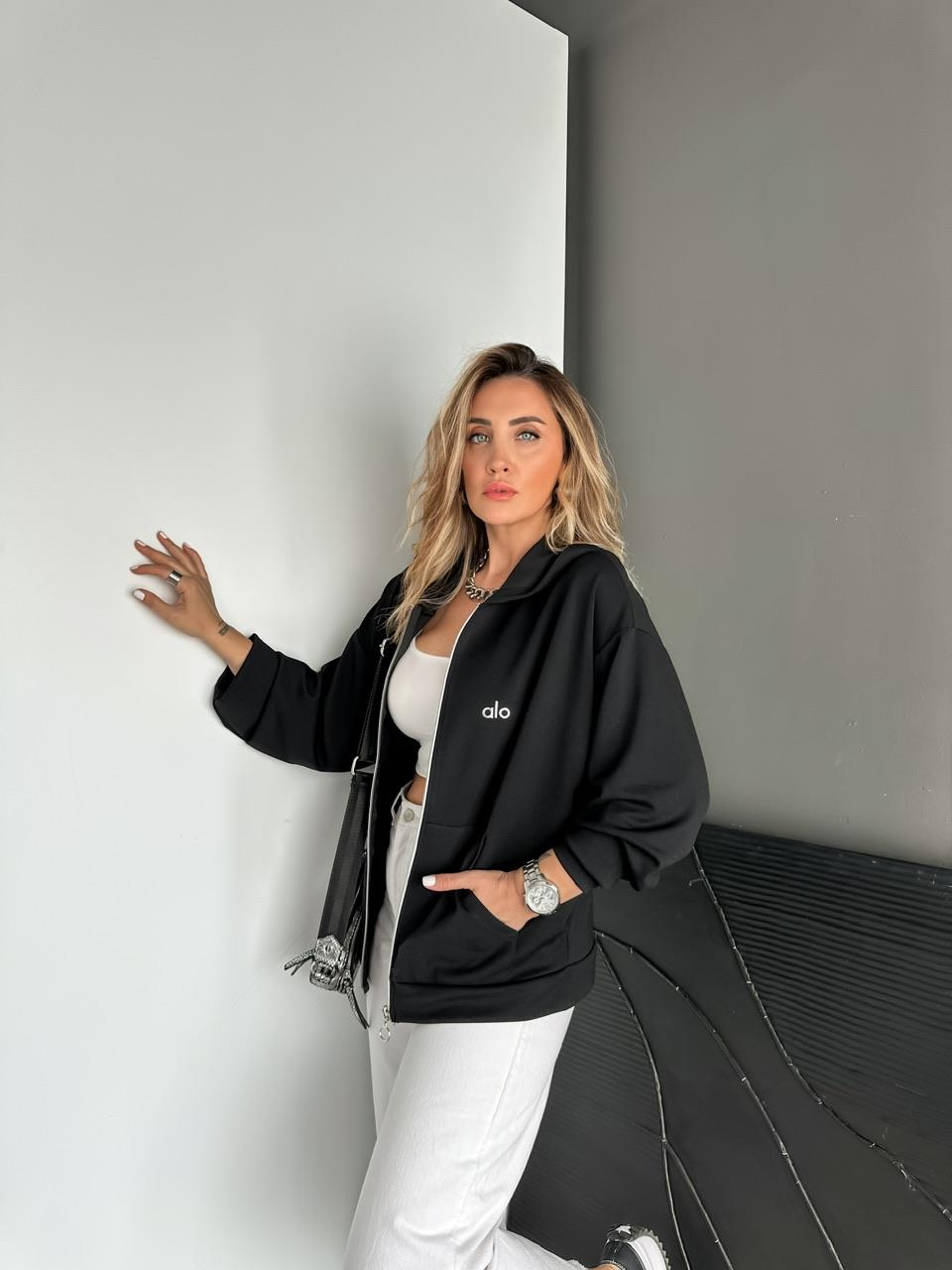 Siyah Fermuarlı Kapşonlu Alo Sweatshirt